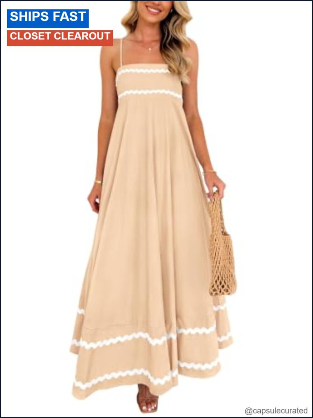 Boho Maxi Dress Spaghetti Strap Square Neck Smocked A-Line